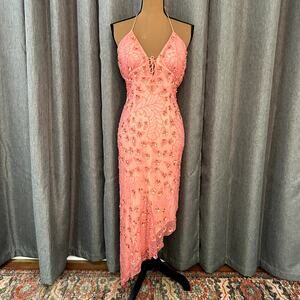 Cache Y2K Beaded Asymmetrical Silk Dress XXS with floral beading and sequins